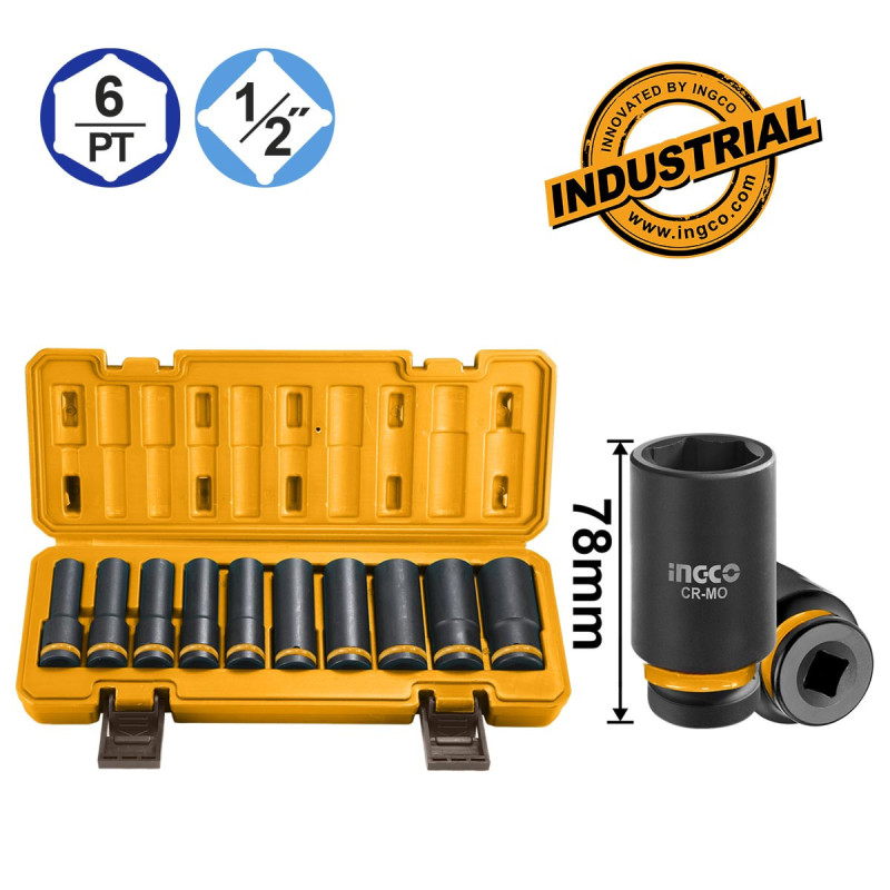 INGCO Καρυδάκια Μακριά Αέρος 1/2"  Σετ 10 τεμ. (HKISSD12102L)