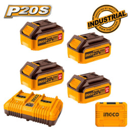 INGCO Μπαταρίες 4 τεμ. 20V 4.0Ah + Ταχυφορτιστής 4A  2 Θέσεων + Βαλίτσα Σετ 6 τεμ. (FBCLI20244)
