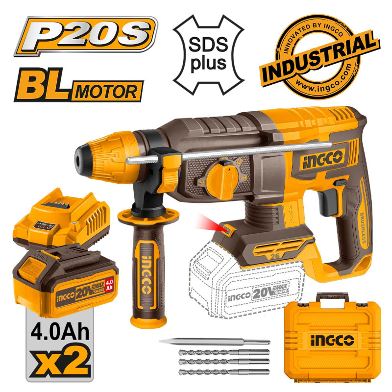 INGCO Πιστολέτο Περιστροφικό Κρουστικό Σκαπτικό Μπαταρίας 20V Li-Ion 2.5J (CRHLI202682E)