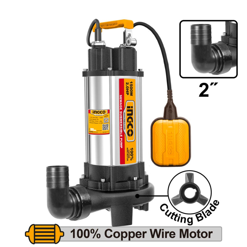 INGCO Υποβρύχια Αντλία INOX με Κοπτήρα Λυμάτων 1500W (SPDB15008)